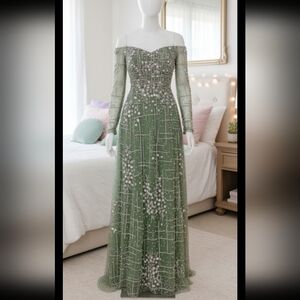 Custom-made Emerald Green off shoulder Tiered Panel Gown with Pink Beads
